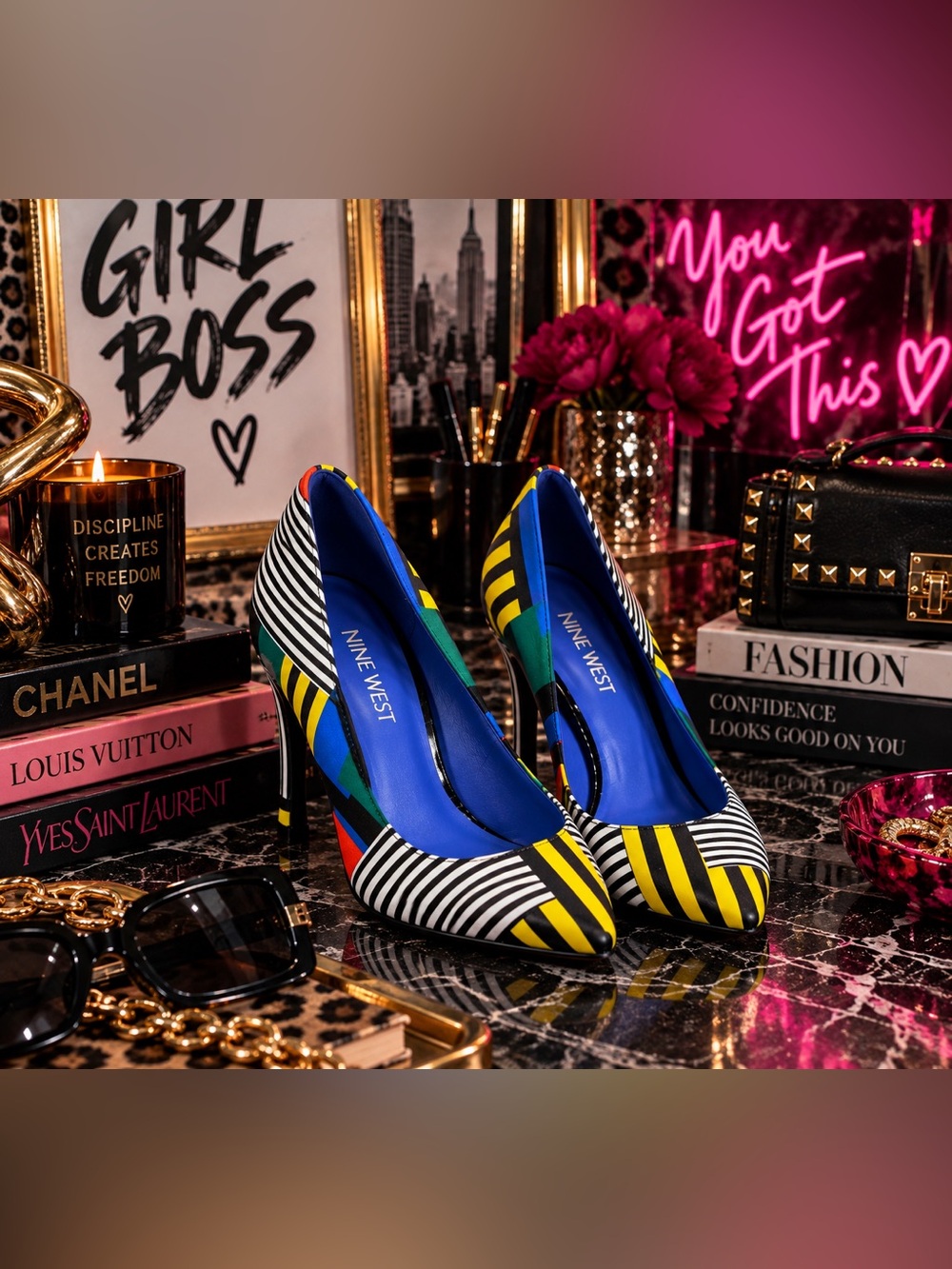 Nine West Black White Yellow Blue Multicolor Striped Pointed Pumps